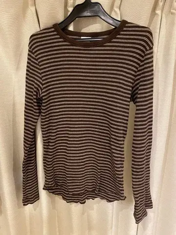 Healthknit 브라운 화이트 보더 긴팔 T셔츠 롱T