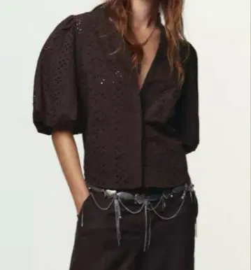 ZARA 자라 퍼프 슬리브 셔츠 브라운 레이스풍 셔츠