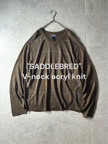 SADDLEBRED 아크릴 니트 V넥 체크 브라운 얇은 소재 구제 의류