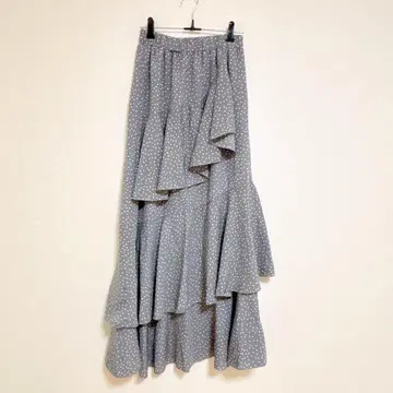 미테 롱 스커트 M 그레이 도트 무늬 프릴 안감 부착 허리밴딩