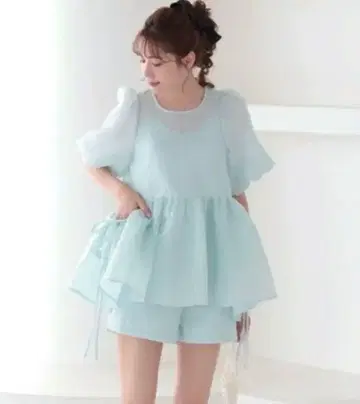 메라키 Meraki 벌룬 슬리브 사이드 리본 시어 블라우스 색스