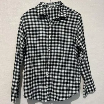 PLST 체크 무늬 긴팔 셔츠 M 사이즈 화이트 블랙 린넨 혼방