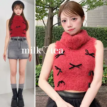 택 포함 새상품 다리치 리본 디자인 니트탑 레드 프리