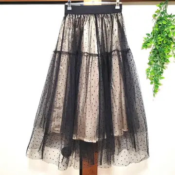 레이스 튤 스커트 도트 무늬 도트 롱 스커트