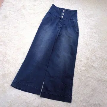 데님 팬츠 부츠컷(L) 블루 플레어 셔링 허리 무지 레트로