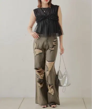 Chico 데미지 와이드 데님 팬츠 브라운