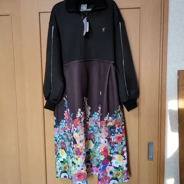 스칼라 꽃무늬 고양이 패턴 하프 지퍼 저리 원피스