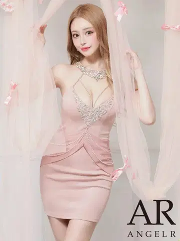 [ 엔젤알 ] 홀터넥 비쥬 드레이프 펄 체인 미니 드레스