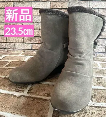 새상품 리본 퍼 스웨이드 부츠 웨지힐 23.5cm