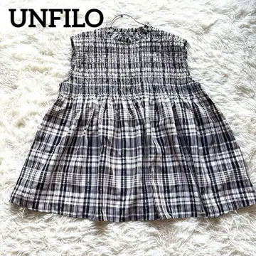 UNFILO 시어 셔링 블라우스 체크 무늬 슬리브리스 블라우스 XL
