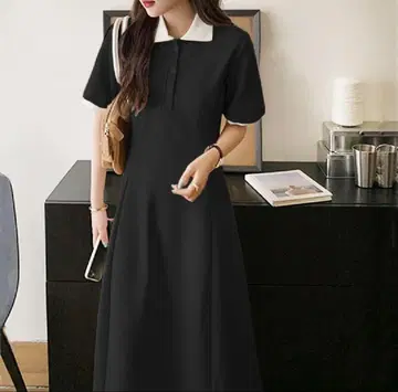 폴로 카라 플레어 롱 원피스 블랙 x 화이트