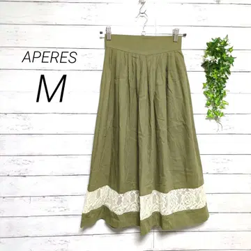APERES 롱 스커트 플레어 M 카키 레이스 장식