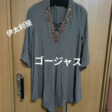 이타리야 컬러 스톤 비즈 장식 차콜 그레이 오부소매 튜닉