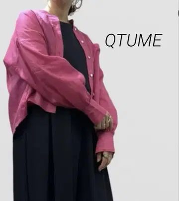 QTUME 시어 크롭 셔츠 린넨 셔츠 긴팔 셔츠 핑크