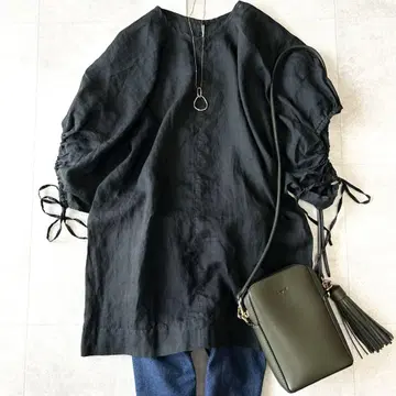 새상품급 윔 가젯 라미 드로스트 슬리브 풀오버 린넨 100 블랙