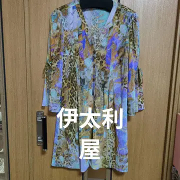 레오파드 무늬 튜닉 오부소매 V넥 프론트 오픈
