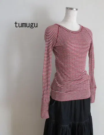 tumugu 츠무구 코튼 리브 니트 티셔츠 레드 보더