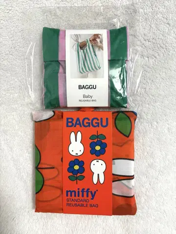 BAGGU 콜라보 플라워 미피 에코백 핑크 그린 스트라이프