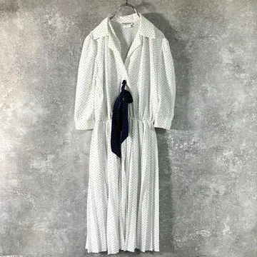 USA 제 빈티지 롱 원피스 7부 소매 화이트 도트 개더