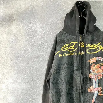 Ed Hardy 후드티 긴팔 블랙 로고 프린트 비즈 호랑이 일본풍 패턴
