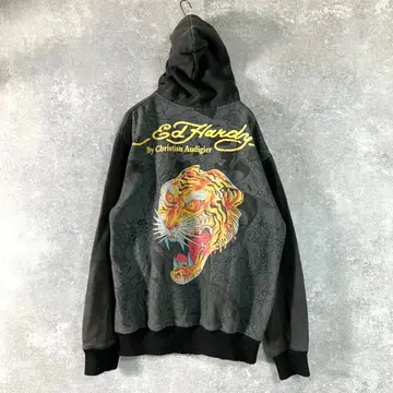 Ed Hardy 후드티 긴팔 블랙 로고 프린트 비즈 호랑이 일본풍 패턴