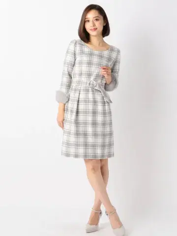 MISCH MASCH 소매 퍼 체크 원피스