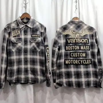 VANSON 반손 자수 체크 긴팔 셔츠 M 남성용 워크 셔츠
