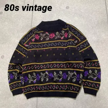 80s 빈티지 USA제 아크릴 니트 팬시 꽃무늬 L