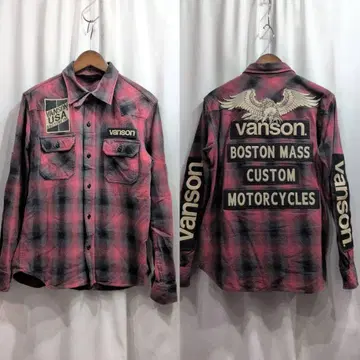 VANSON 반손 자수 체크 긴팔 셔츠 M