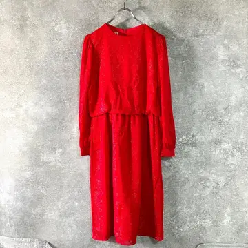 USA제 빈티지 롱 원피스 레드 라메 퍼프 슬리브