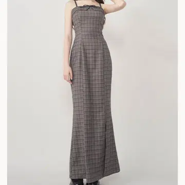 Darich 다리치 가죽 리본 체크 롱 원피스 GRY 그레이