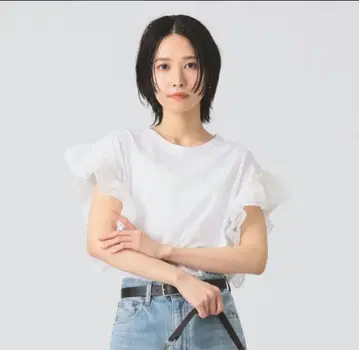 레이빔즈 프릴 슬리브 티셔츠 여성용 프리 화이트