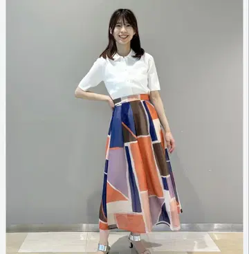 플라스테 PLST 아트 프린트 턱 플레어 스커트 롱 스커트 S