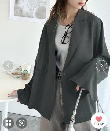 린넨 느낌 시어 소재 돌먼 슬리브 오버 사이즈 더블 테일러드 자켓