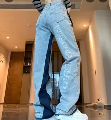 스트릿 스타일 레터 패턴 와이드 레그 데님 팬츠