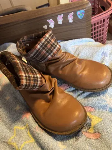 빅 사이즈! 브라운 체크 무늬 캐주얼 부츠
