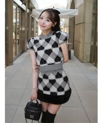 Darich 다리치 아가일 하트 체크 니트 셋업 그레이
