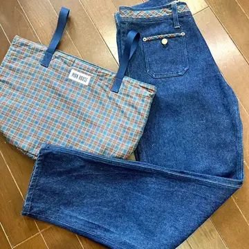 핑크하우스 데님 팬츠 & 버킷백 네이비 x 블루 타탄