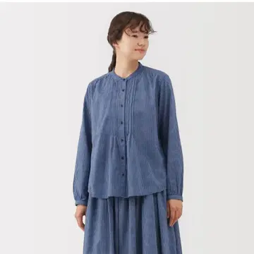 면 보일 긴팔 블라우스 블루 체크 L