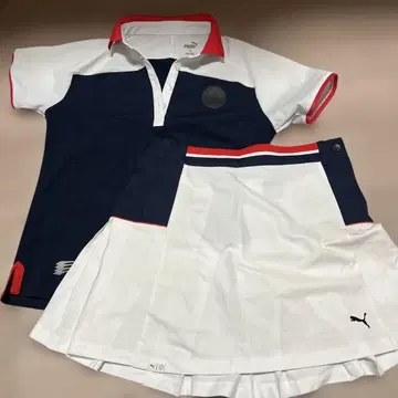 PUMA 골프 피케 셔츠와 스커트 세트 플리츠 화이트 네이비 푸마