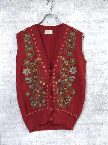 레트로 컨트리 구제 의류 노스탤지 플라워 자수 앞 버튼 니트 베스트