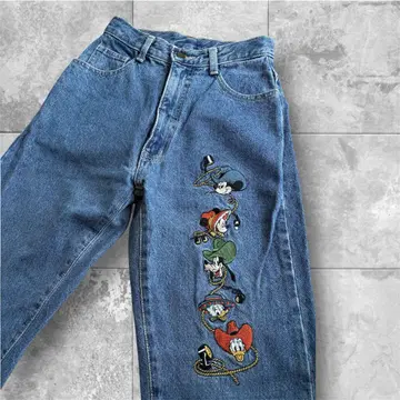 미키 자수 데님 팬츠 빈티지 레트로