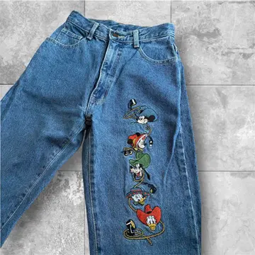 미키 자수 데님 팬츠 빈티지 레트로