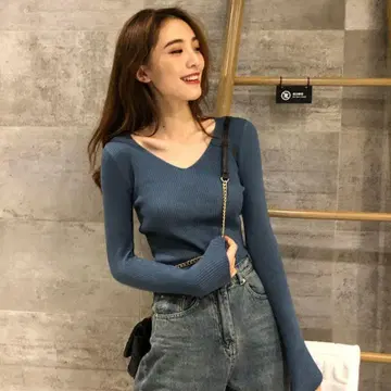 블루 리브 편직 긴팔 T셔츠 V넥