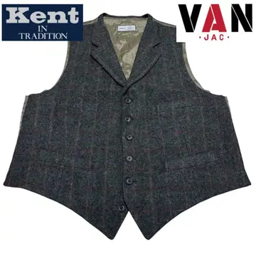 90s Kent VAN JAC 카라 부착 오드 베스트 격자 무늬 체크
