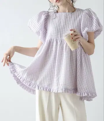 에메리 퐁당 소매 깅엄 체크 상의 퍼플