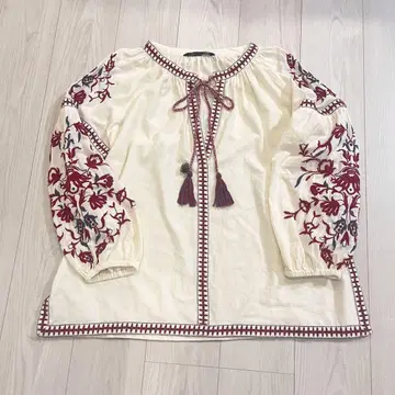 ZARA 자수 블라우스 풀오버 자수 빨간색 화이트 면 린넨
