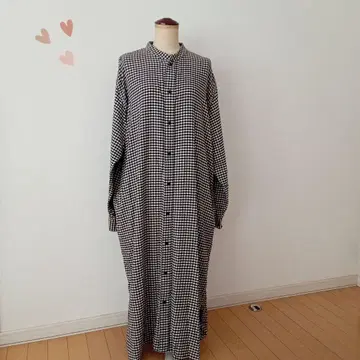무인양품 플란넬 스탠드 카라 롱 셔츠 원피스 화이트 블랙 XL