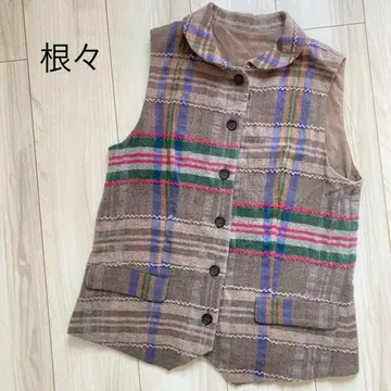 군겐도 네네 자수 체크 무늬 베스트 울 코튼 프리 사이즈 가을/겨울용