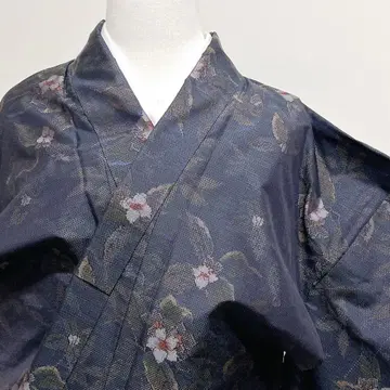 코몬 오시마 명주 초롱꽃 꽃 무늬 리프 네이비 기모노 026k